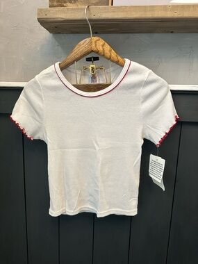Vintage 90s Brooke Lindsay White Ribbed Tee Size 16 Red Trim Western Style Top